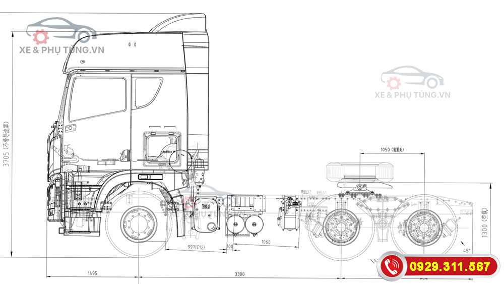 Kích Thước Tổng Thể Mặt Bên Xe Đầu Kéo Container FAW JH6 460HP 2 Cầu Láp Động Cơ Yuchai