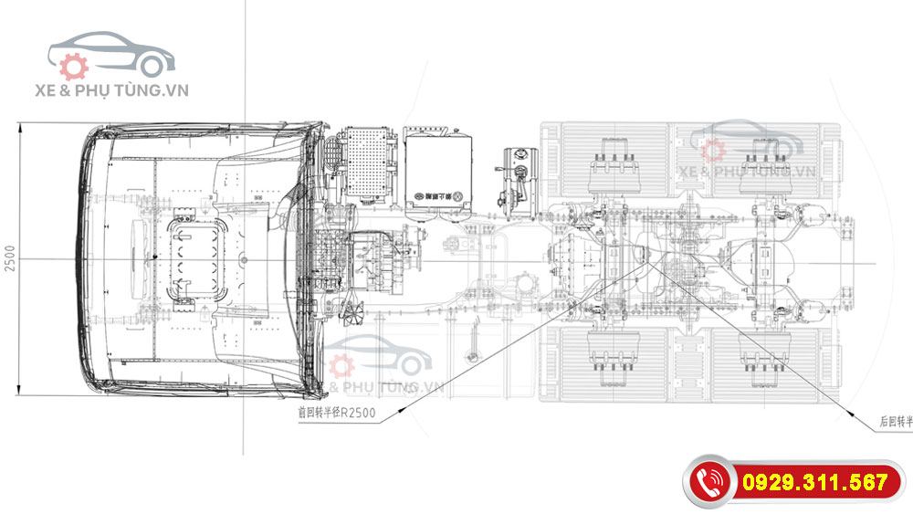 Kích Thước Tổng Thể Nhìn Từ Mặt Trên Xuống Xe Đầu Kéo Container FAW JH6 460HP 2 Cầu Láp Động Cơ Yuchai